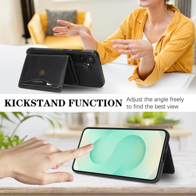 For Samsung Galaxy S25+ 5G Kalebol Magnetic Button Card Bag MagSafe Ring Leather Phone Case