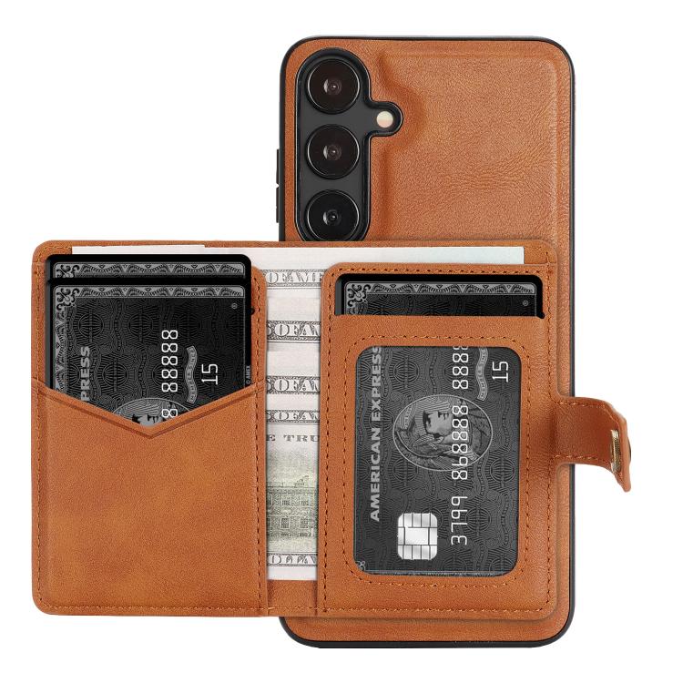For Samsung Galaxy S25+ 5G Kalebol Magnetic Button Card Bag MagSafe Ring Leather Phone Case