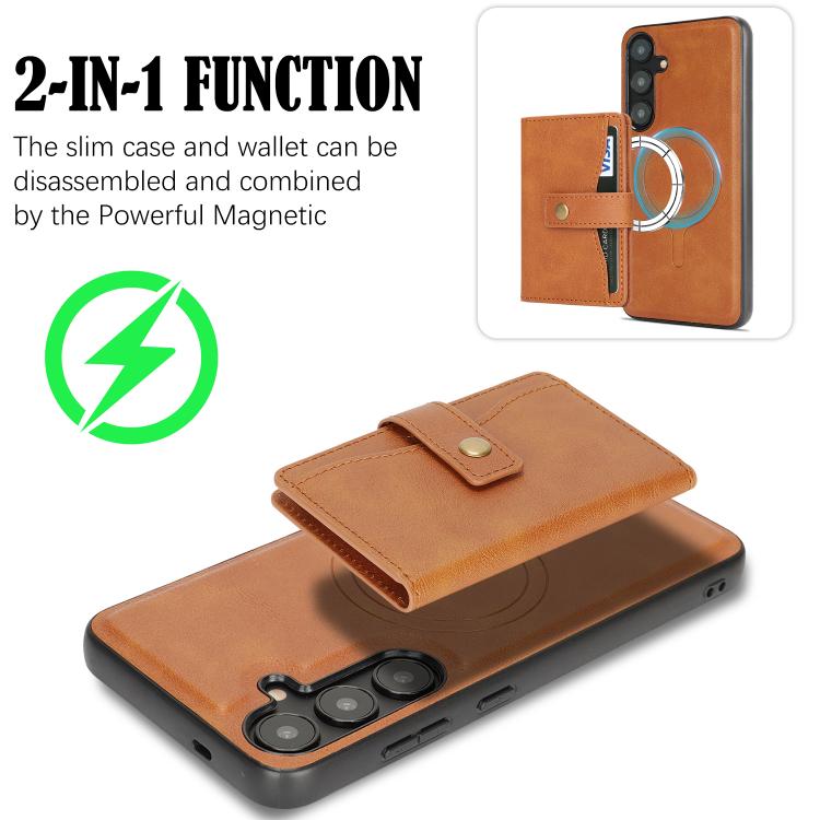 For Samsung Galaxy S25+ 5G Kalebol Magnetic Button Card Bag MagSafe Ring Leather Phone Case