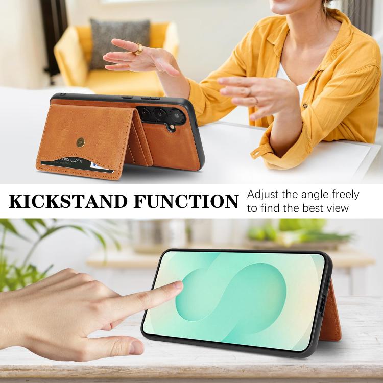 For Samsung Galaxy S25+ 5G Kalebol Magnetic Button Card Bag MagSafe Ring Leather Phone Case