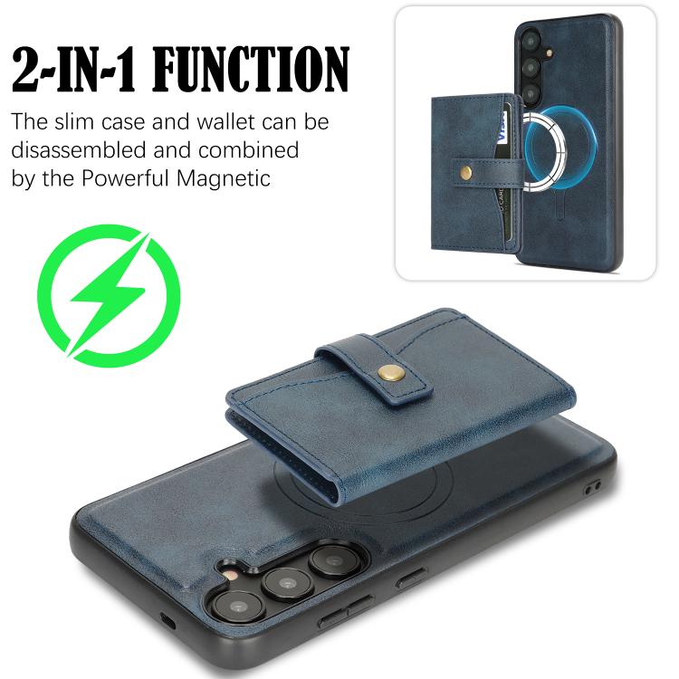 For Samsung Galaxy S25+ 5G Kalebol Magnetic Button Card Bag MagSafe Ring Leather Phone Case