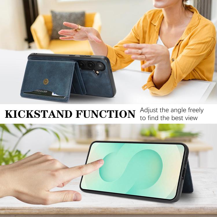 For Samsung Galaxy S25+ 5G Kalebol Magnetic Button Card Bag MagSafe Ring Leather Phone Case