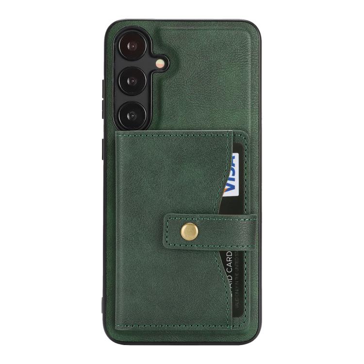 For Samsung Galaxy S25+ 5G Kalebol Magnetic Button Card Bag MagSafe Ring Leather Phone Case