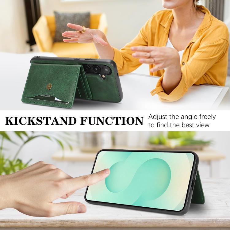 For Samsung Galaxy S25+ 5G Kalebol Magnetic Button Card Bag MagSafe Ring Leather Phone Case