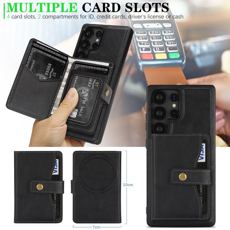 For Samsung Galaxy S25 Ultra 5G Kalebol Magnetic Button Card Bag MagSafe Ring Leather Phone Case