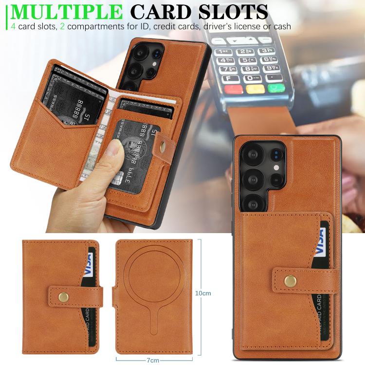 For Samsung Galaxy S25 Ultra 5G Kalebol Magnetic Button Card Bag MagSafe Ring Leather Phone Case