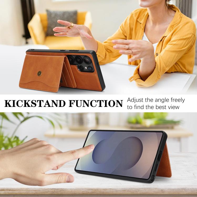 For Samsung Galaxy S25 Ultra 5G Kalebol Magnetic Button Card Bag MagSafe Ring Leather Phone Case