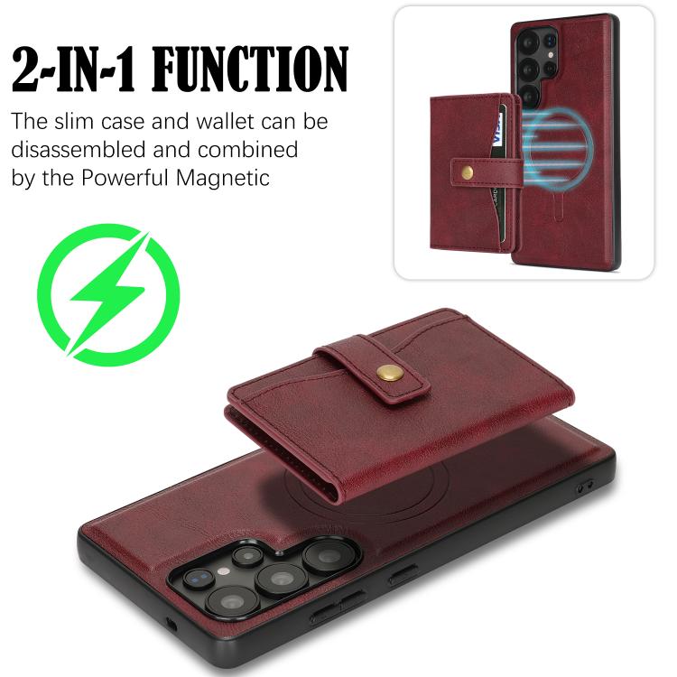 For Samsung Galaxy S25 Ultra 5G Kalebol Magnetic Button Card Bag MagSafe Ring Leather Phone Case
