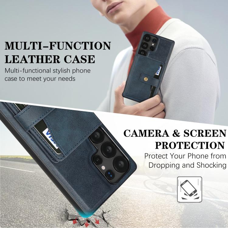 For Samsung Galaxy S25 Ultra 5G Kalebol Magnetic Button Card Bag MagSafe Ring Leather Phone Case