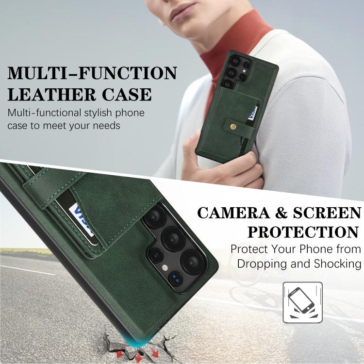 For Samsung Galaxy S25 Ultra 5G Kalebol Magnetic Button Card Bag MagSafe Ring Leather Phone Case