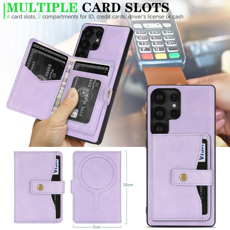 For Samsung Galaxy S25 Ultra 5G Kalebol Magnetic Button Card Bag MagSafe Ring Leather Phone Case