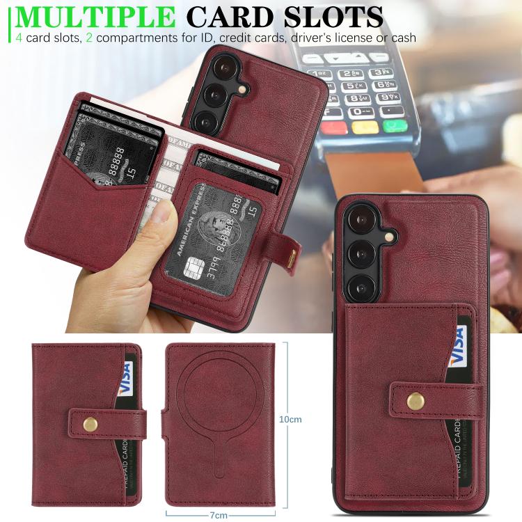 For Samsung Galaxy S24+ 5G Kalebol Magnetic Button Card Bag MagSafe Ring Leather Phone Case