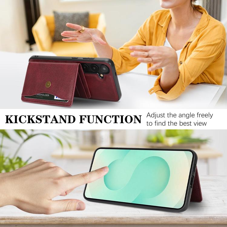 For Samsung Galaxy S24+ 5G Kalebol Magnetic Button Card Bag MagSafe Ring Leather Phone Case