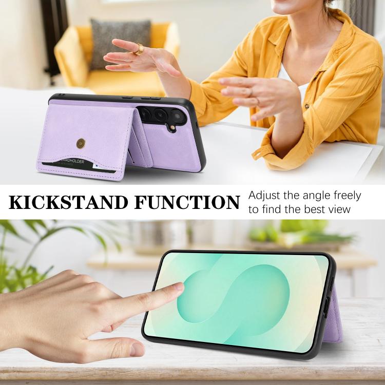 For Samsung Galaxy S24+ 5G Kalebol Magnetic Button Card Bag MagSafe Ring Leather Phone Case