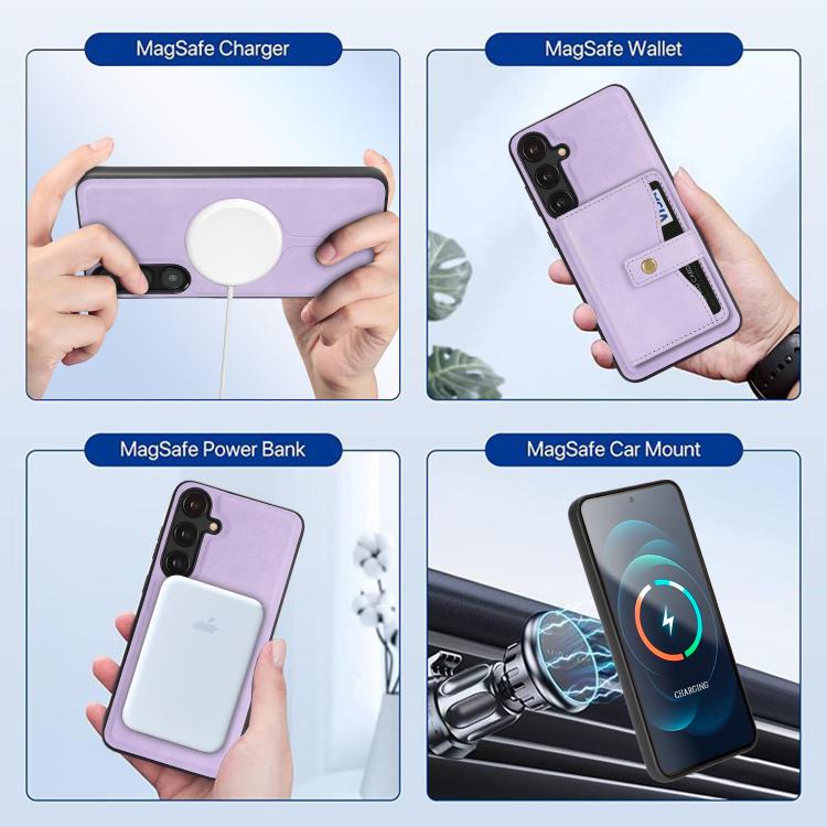 For Samsung Galaxy S24+ 5G Kalebol Magnetic Button Card Bag MagSafe Ring Leather Phone Case