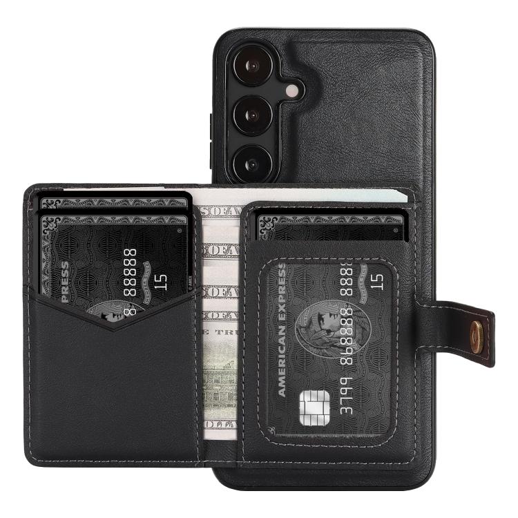 For Samsung Galaxy S24 5G Kalebol Magnetic Button Card Bag MagSafe Ring Leather Phone Case