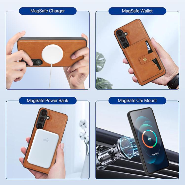 For Samsung Galaxy S24 5G Kalebol Magnetic Button Card Bag MagSafe Ring Leather Phone Case