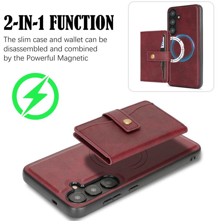 For Samsung Galaxy S24 5G Kalebol Magnetic Button Card Bag MagSafe Ring Leather Phone Case