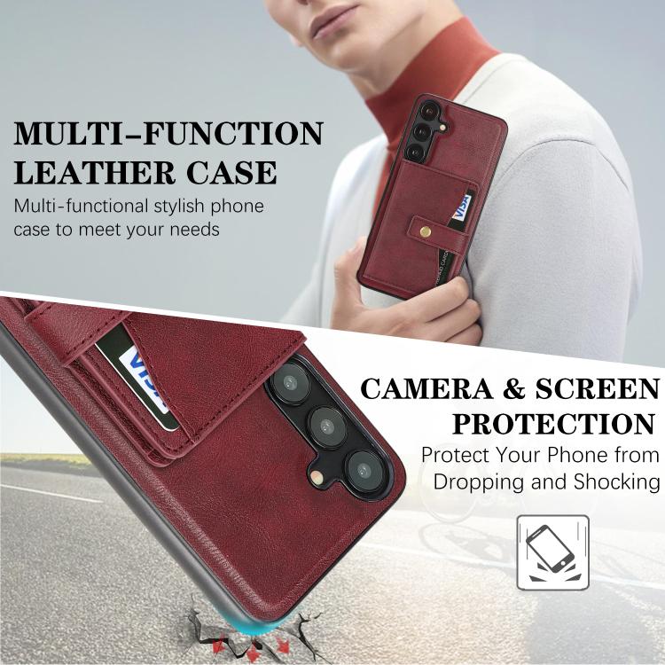 For Samsung Galaxy S24 5G Kalebol Magnetic Button Card Bag MagSafe Ring Leather Phone Case