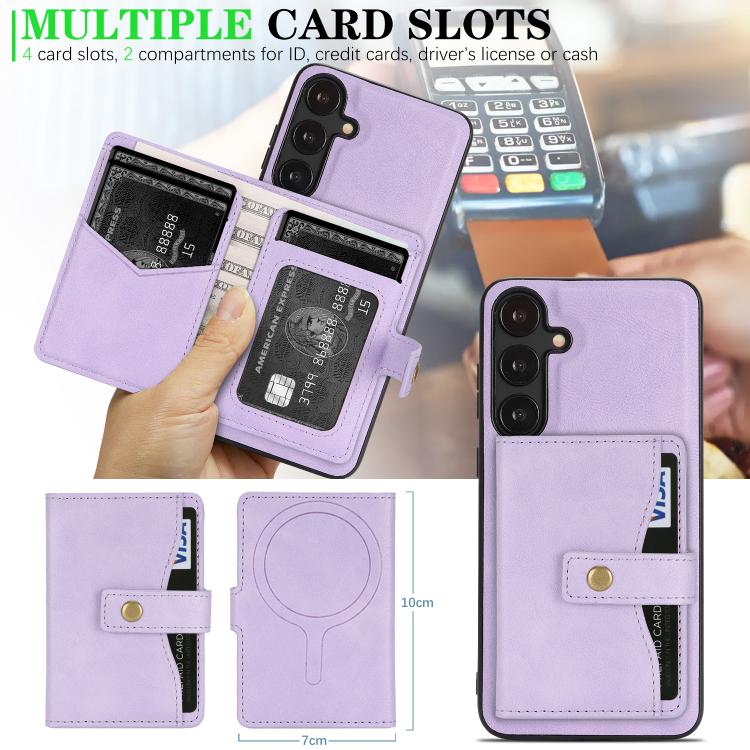 For Samsung Galaxy S24 5G Kalebol Magnetic Button Card Bag MagSafe Ring Leather Phone Case