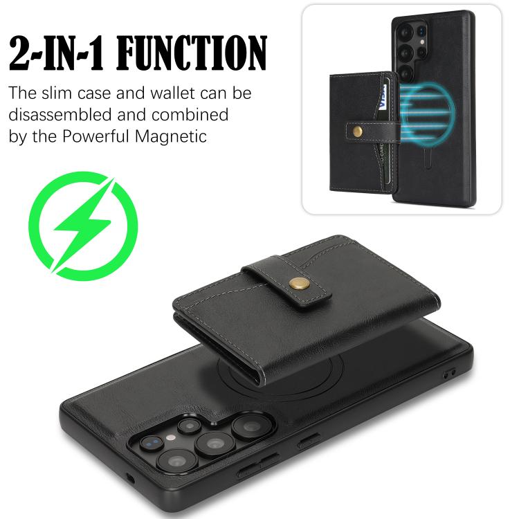 For Samsung Galaxy S23 Ultra 5G Kalebol Magnetic Button Card Bag MagSafe Ring Leather Phone Case