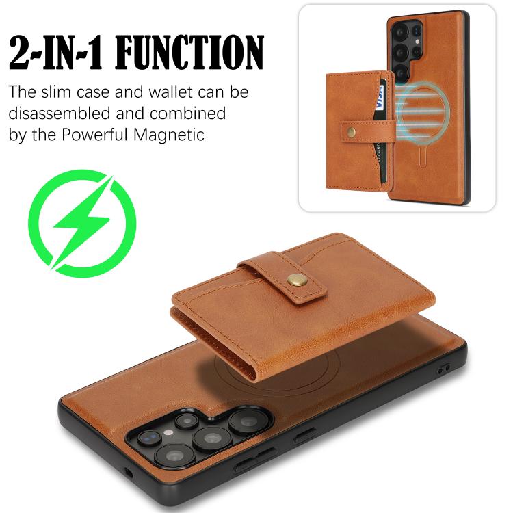 For Samsung Galaxy S23 Ultra 5G Kalebol Magnetic Button Card Bag MagSafe Ring Leather Phone Case