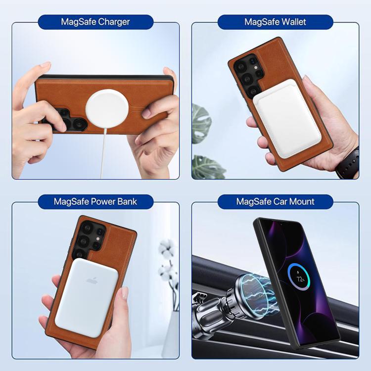 For Samsung Galaxy S23 Ultra 5G Kalebol Magnetic Button Card Bag MagSafe Ring Leather Phone Case