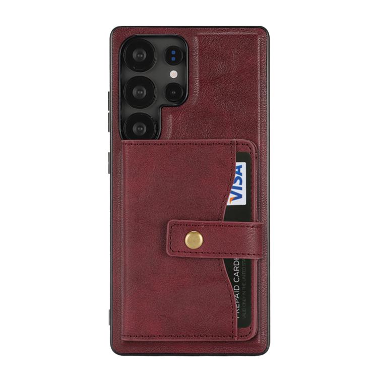 For Samsung Galaxy S23 Ultra 5G Kalebol Magnetic Button Card Bag MagSafe Ring Leather Phone Case