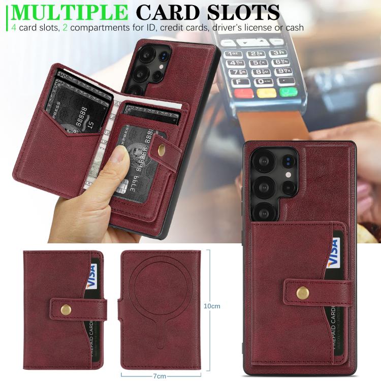 For Samsung Galaxy S23 Ultra 5G Kalebol Magnetic Button Card Bag MagSafe Ring Leather Phone Case