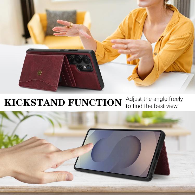 For Samsung Galaxy S23 Ultra 5G Kalebol Magnetic Button Card Bag MagSafe Ring Leather Phone Case