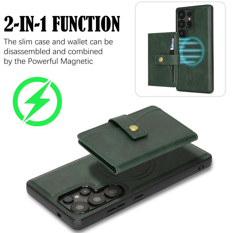 For Samsung Galaxy S23 Ultra 5G Kalebol Magnetic Button Card Bag MagSafe Ring Leather Phone Case