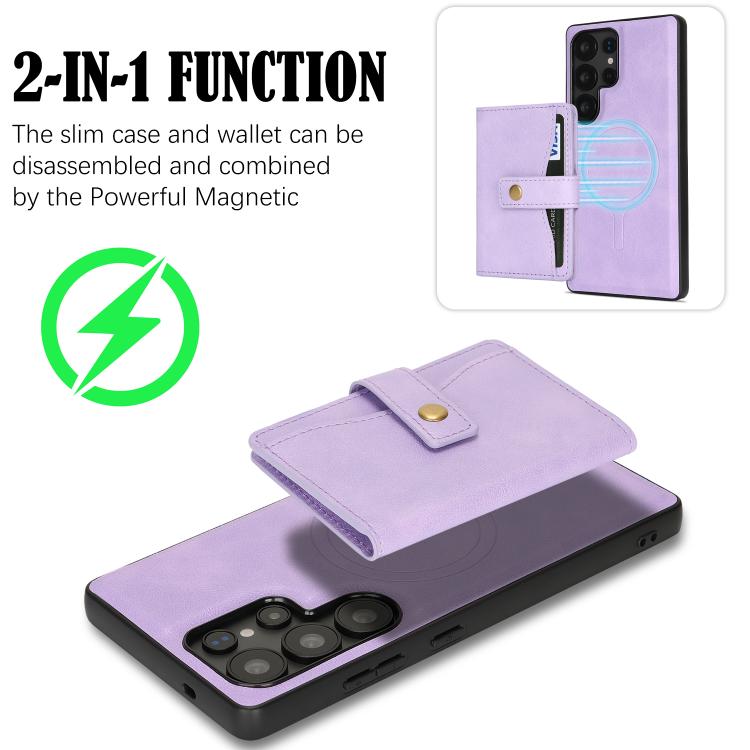 For Samsung Galaxy S23 Ultra 5G Kalebol Magnetic Button Card Bag MagSafe Ring Leather Phone Case