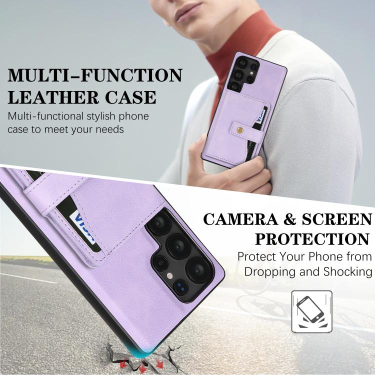 For Samsung Galaxy S23 Ultra 5G Kalebol Magnetic Button Card Bag MagSafe Ring Leather Phone Case
