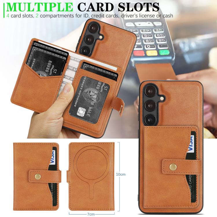 For Samsung Galaxy S23+ 5G Kalebol Magnetic Button Card Bag MagSafe Ring Leather Phone Case