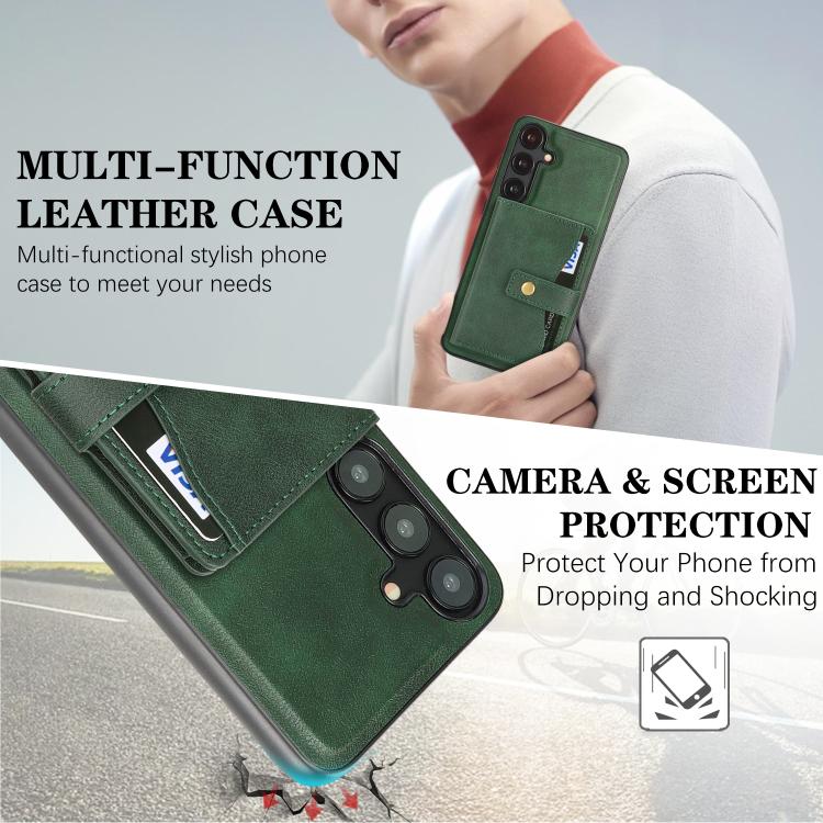 For Samsung Galaxy S23+ 5G Kalebol Magnetic Button Card Bag MagSafe Ring Leather Phone Case