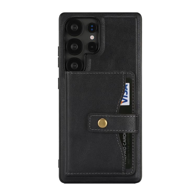 For Samsung Galaxy S22 Ultra 5G Kalebol Magnetic Button Card Bag MagSafe Ring Leather Phone Case