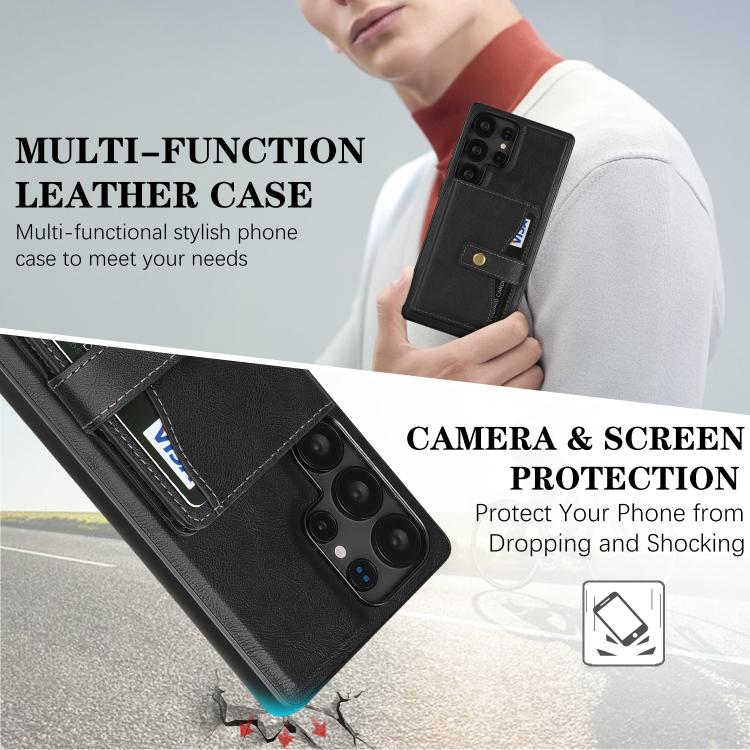 For Samsung Galaxy S22 Ultra 5G Kalebol Magnetic Button Card Bag MagSafe Ring Leather Phone Case