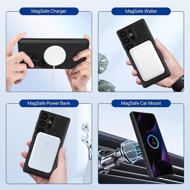For Samsung Galaxy S22 Ultra 5G Kalebol Magnetic Button Card Bag MagSafe Ring Leather Phone Case