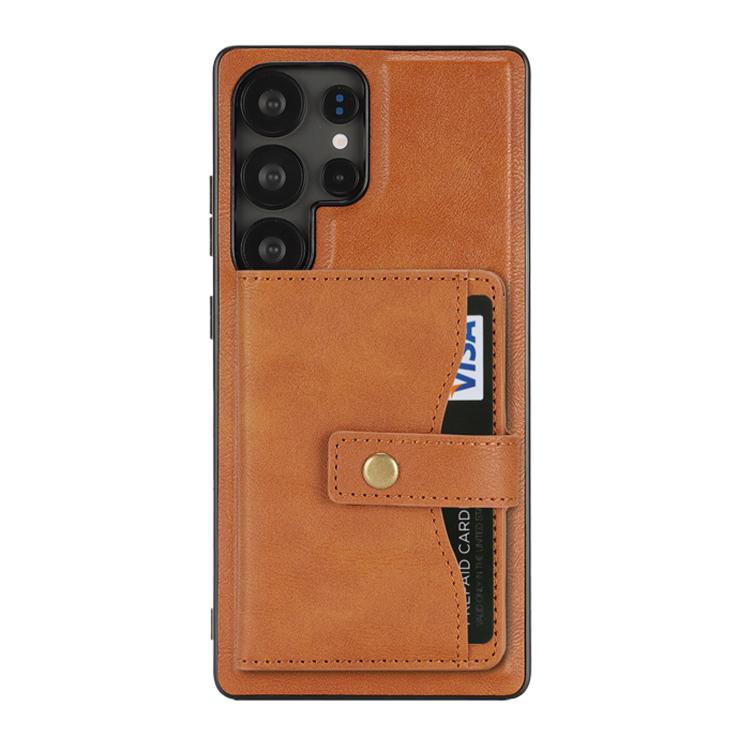 For Samsung Galaxy S22 Ultra 5G Kalebol Magnetic Button Card Bag MagSafe Ring Leather Phone Case