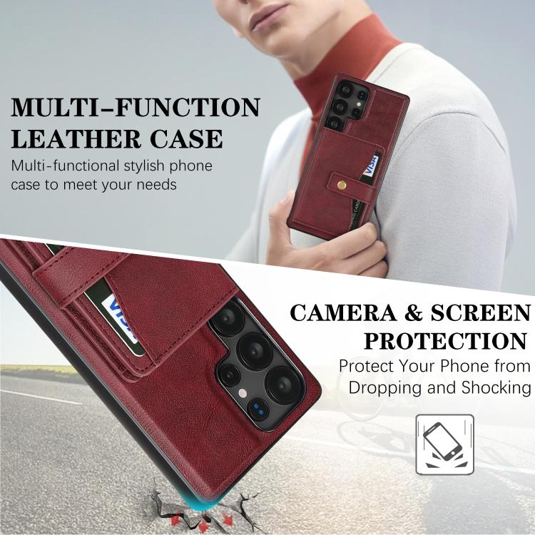 For Samsung Galaxy S22 Ultra 5G Kalebol Magnetic Button Card Bag MagSafe Ring Leather Phone Case