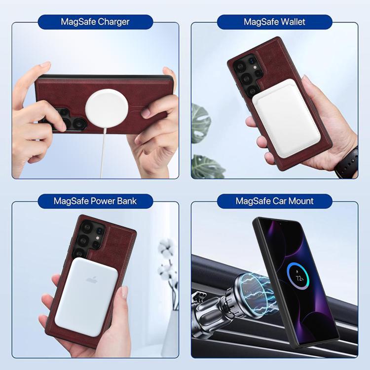 For Samsung Galaxy S22 Ultra 5G Kalebol Magnetic Button Card Bag MagSafe Ring Leather Phone Case