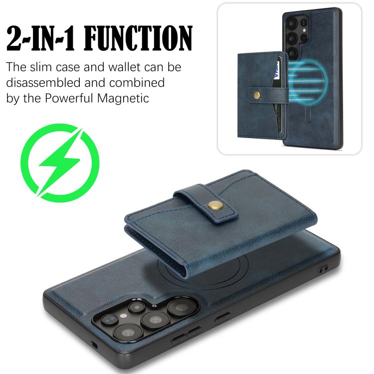 For Samsung Galaxy S22 Ultra 5G Kalebol Magnetic Button Card Bag MagSafe Ring Leather Phone Case