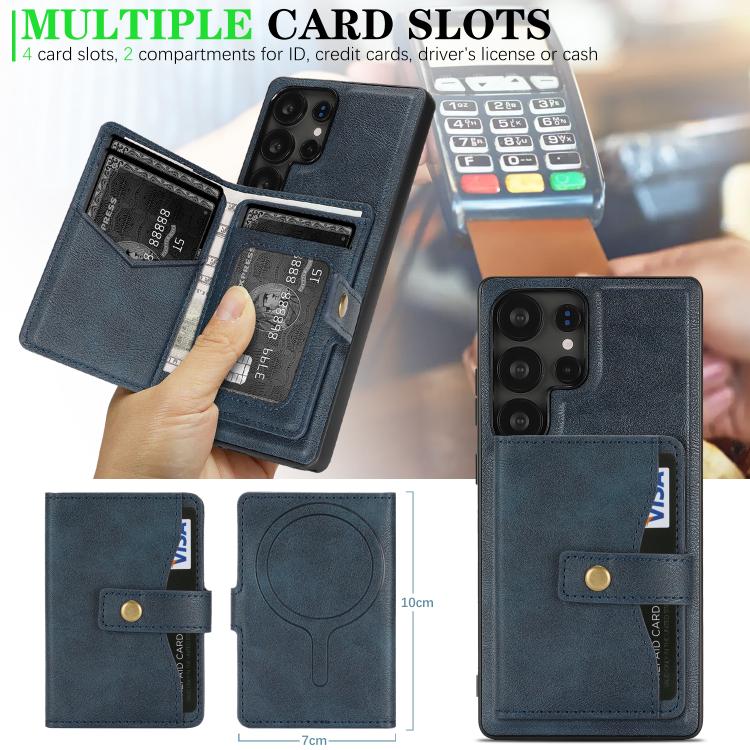 For Samsung Galaxy S22 Ultra 5G Kalebol Magnetic Button Card Bag MagSafe Ring Leather Phone Case