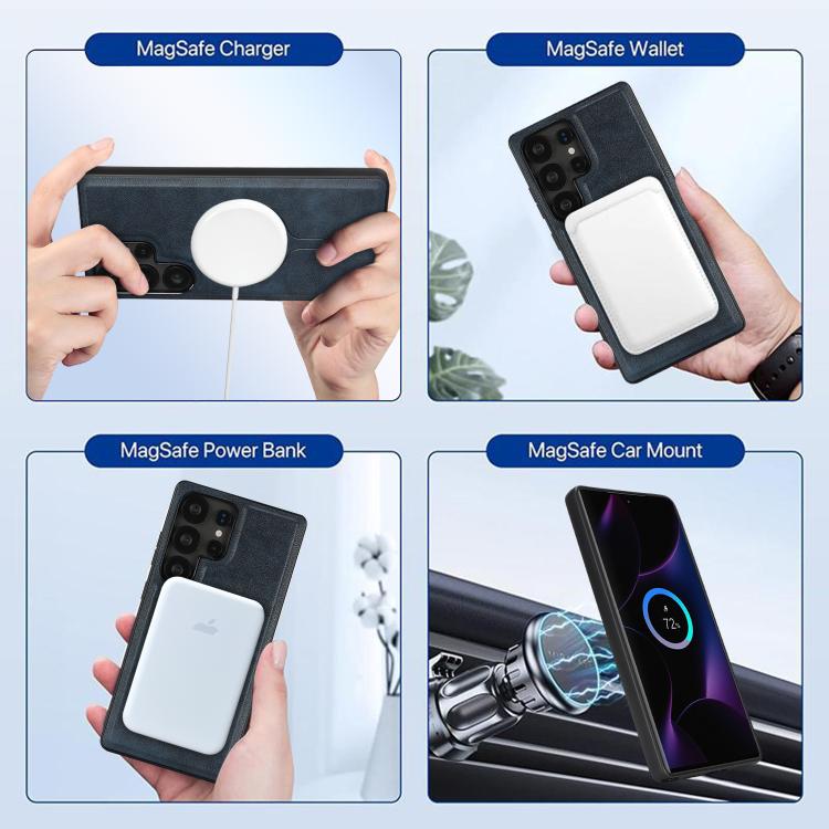 For Samsung Galaxy S22 Ultra 5G Kalebol Magnetic Button Card Bag MagSafe Ring Leather Phone Case