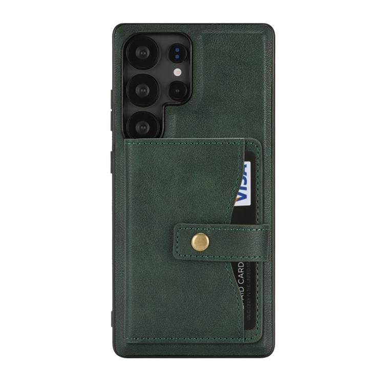 For Samsung Galaxy S22 Ultra 5G Kalebol Magnetic Button Card Bag MagSafe Ring Leather Phone Case