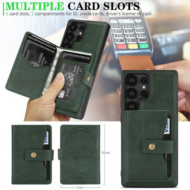 For Samsung Galaxy S22 Ultra 5G Kalebol Magnetic Button Card Bag MagSafe Ring Leather Phone Case