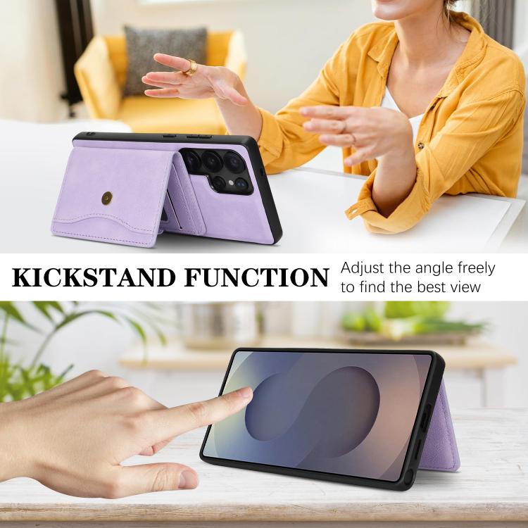 For Samsung Galaxy S22 Ultra 5G Kalebol Magnetic Button Card Bag MagSafe Ring Leather Phone Case