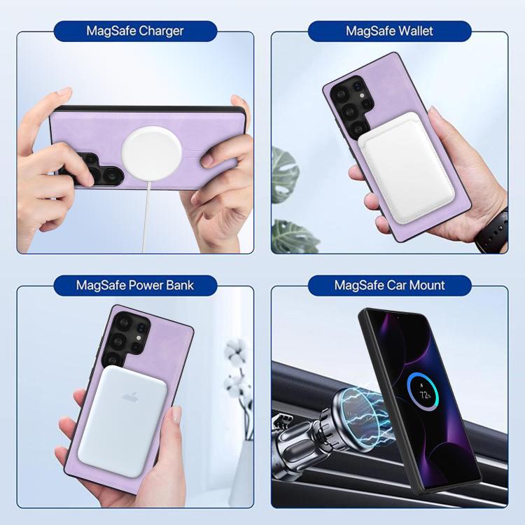 For Samsung Galaxy S22 Ultra 5G Kalebol Magnetic Button Card Bag MagSafe Ring Leather Phone Case