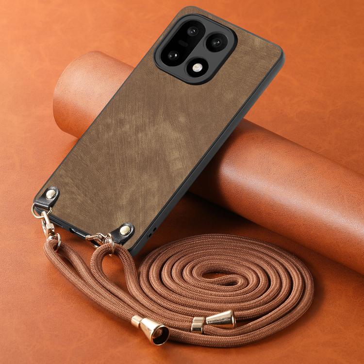 For OnePlus 15 Vintage Leather PC Back Cover Phone Case with Crossbody Strap