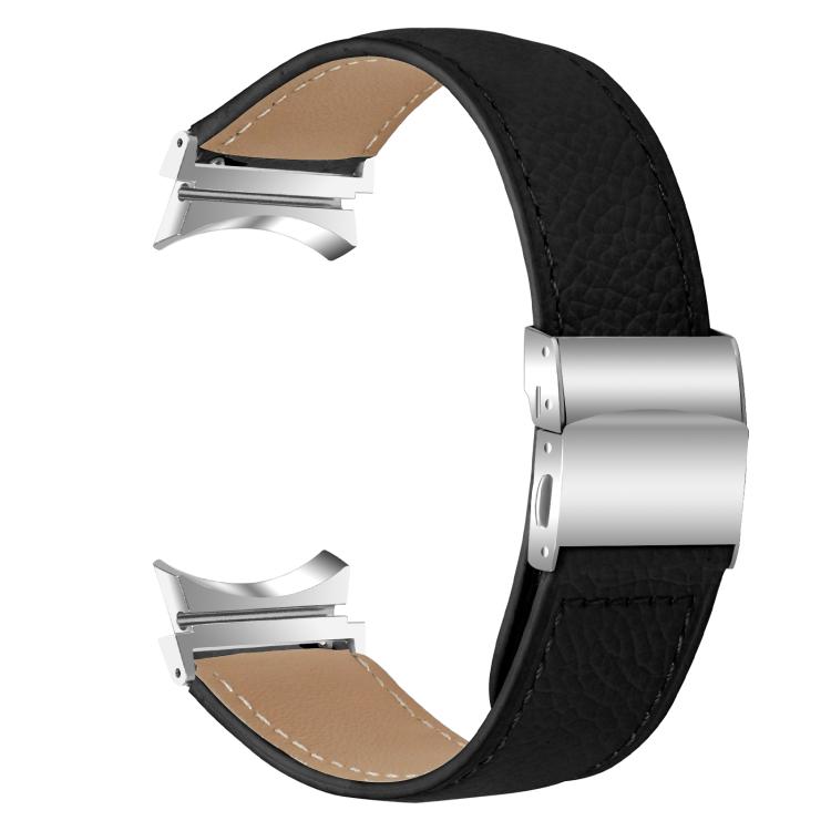 For Samsung Galaxy Watch 7 40 / 44mm Lychee Texture Silver Turtle Back Buckle Leather Watch Band